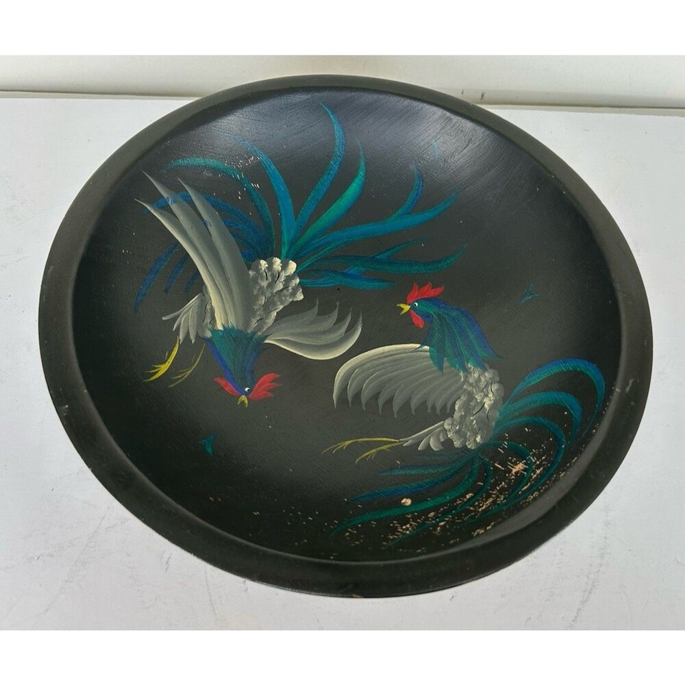 Vintage 1940s Munising Wooden Bowl Hand Painted Roosters Black 12” Folk Art